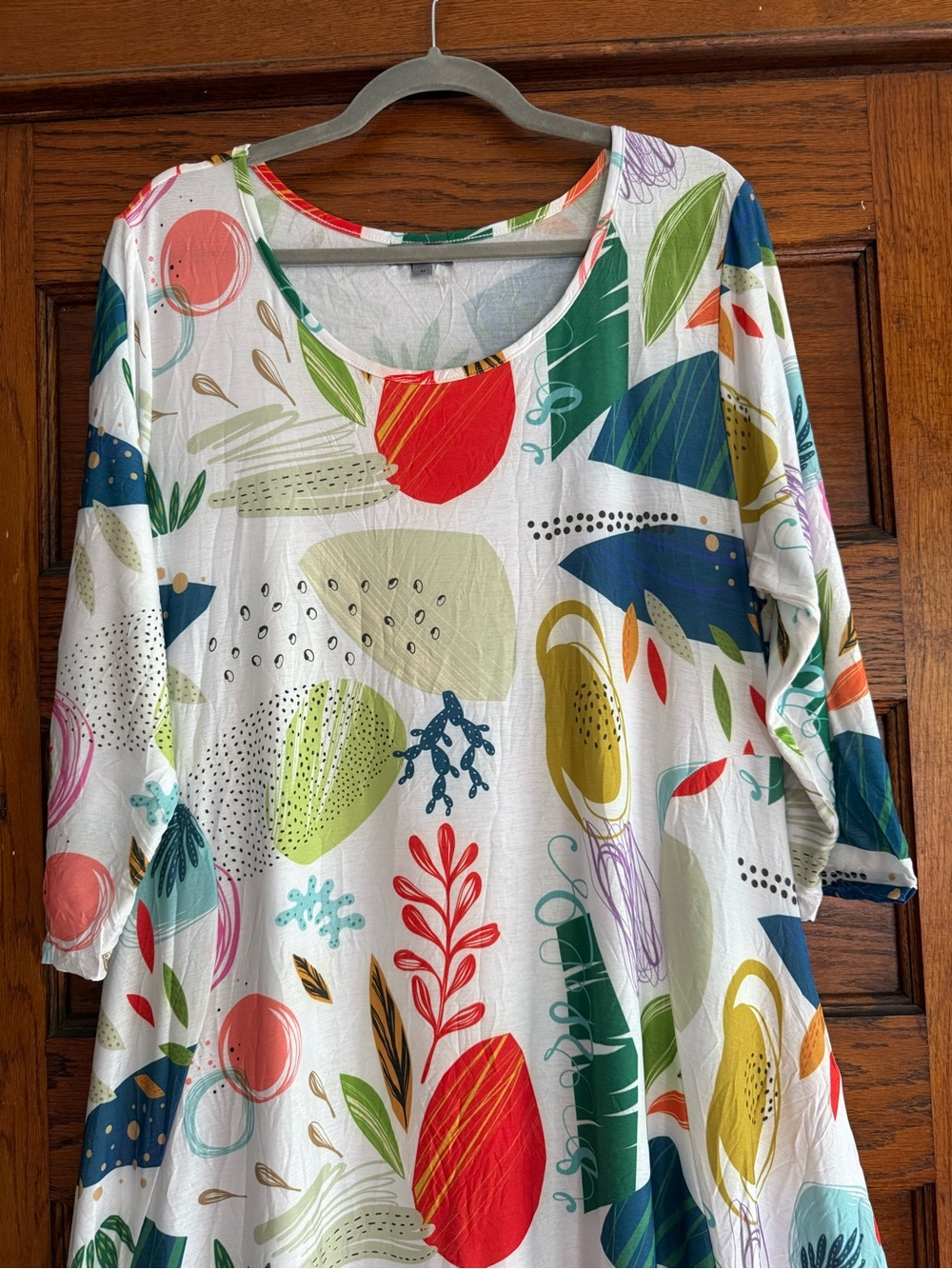 SHANA APPAREL Artsy Lagenlook Flowy Midi Dress Cactus Leaf Pattern 3/4 Sleeves - Picture 3 of 9